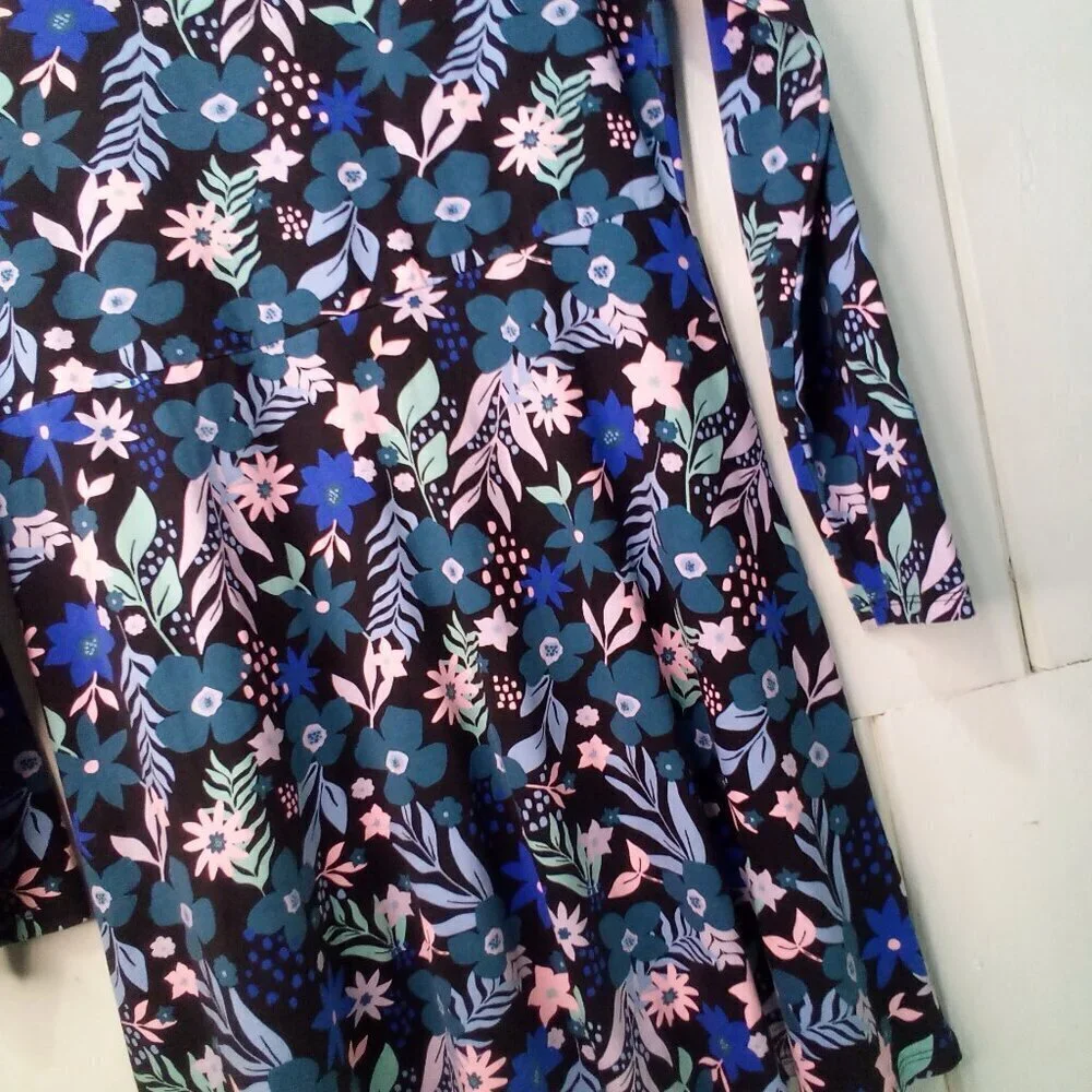 Justice Dress Girls 14 Plus Long Sleeve Floral Pattern Black Blue